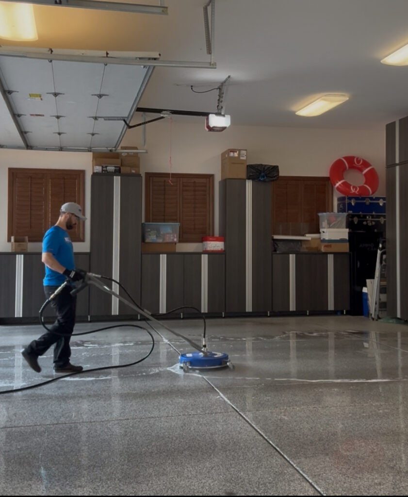 Epoxy floor cleaning in a high-end residential garage in Summerlin by NV Power Washing